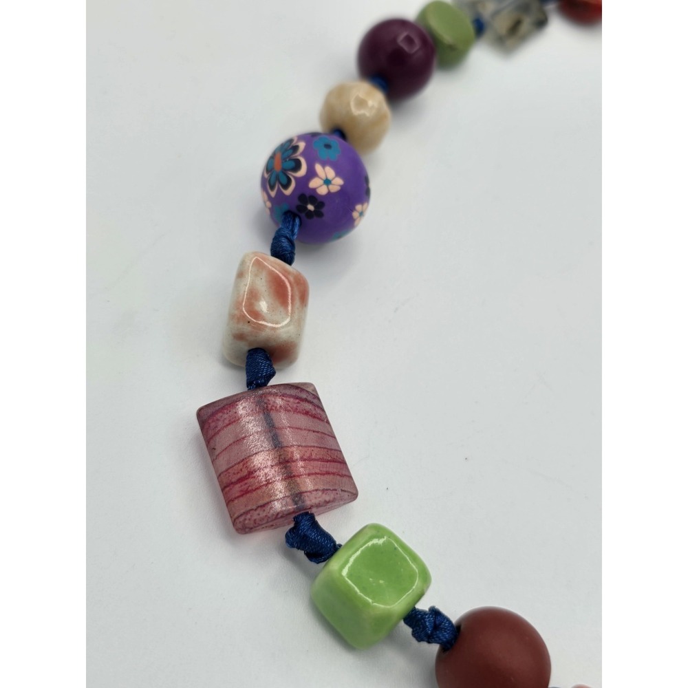 VINTAGE Chunky Multicolored 27-Beaded Adjustable Necklace Strung On Blue Ribbon - Picture 10 of 10
